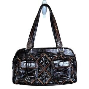 Brighton Maude Satchel Bag Purse Brown Quilted Patent Leather